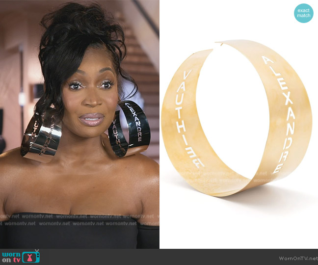 Alexandre Vauthier Maxi logo-lettering hoop Earrings worn by Marlo Hampton on The Real Housewives of Atlanta