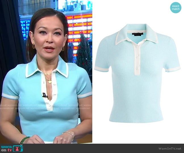 Alice + Olivia Pia Rib-Knit Polo Shirt worn by Eva Pilgrim on Good Morning America