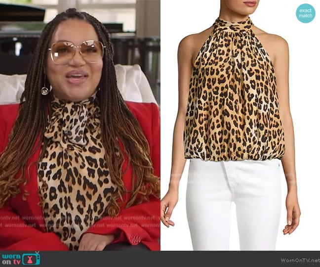 Alice + Olivia Maris Silk Halter Neck Top worn by Cheryl James on Tamron Hall Show