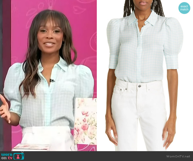 Alice + Olivia Willa Puff Sleeve Silk Button-Up Shirt worn by Zuri Hall on Access Hollywood