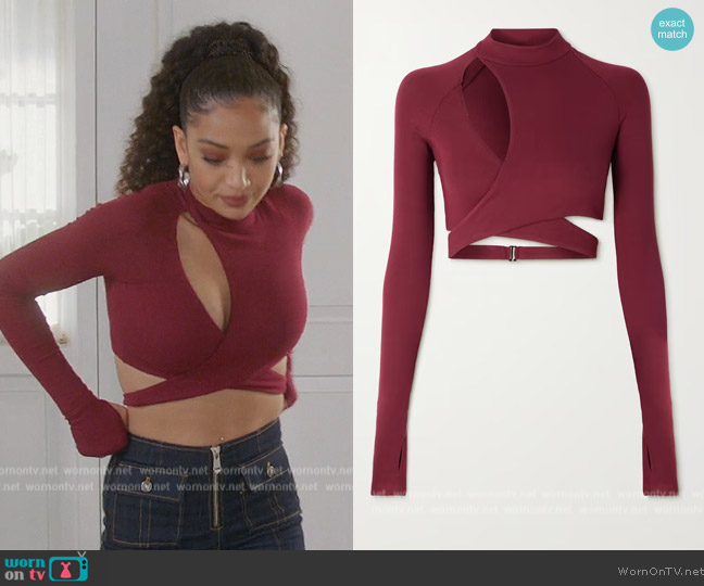 Alix NYC Dana cropped cutout ribbed stretch-modal top worn by Olivia Baker (Samantha Logan) on All American