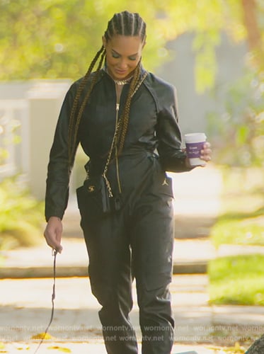 Amanza’s black leather jumpsuit on Selling Sunset