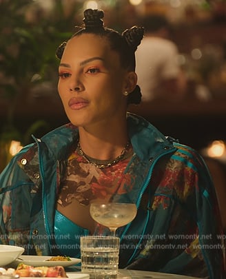 Amanza’s blue floral sheer trench coat on Selling Sunset