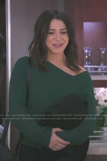 Amelia’s green ribbed asymmetric neck sweater on Greys Anatomy