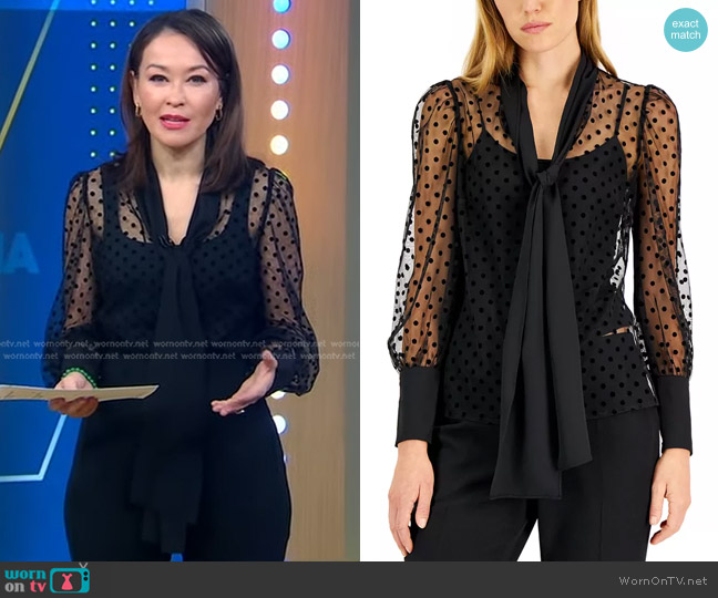 Anne Klein Flocked-Dot Mesh Tie-Neck Blouse worn by Eva Pilgrim on Good Morning America