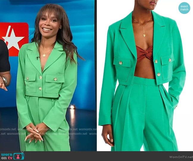 Aqua Cropped Linen Blend Blazer worn by Zuri Hall on Access Hollywood