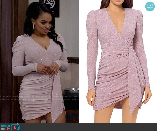 Aqua Metallic Faux Wrap Dress in Mauve Silver worn by Randi (Kyla Pratt) on Call Me Kat