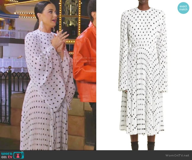 Balenciaga Polka Dot Pleated Long Sleeve Midi Dress worn by Katy Perry on American Idol