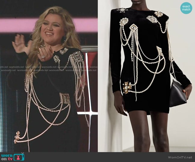 Balmain Badge Embellished Velvet Mini Dress worn by Kelly Clarkson on The Voice
