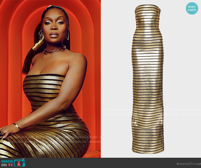 Balmain Metallic Striped Strapless Bustier Gown worn by Marlo Hampton on The Real Housewives of Atlanta