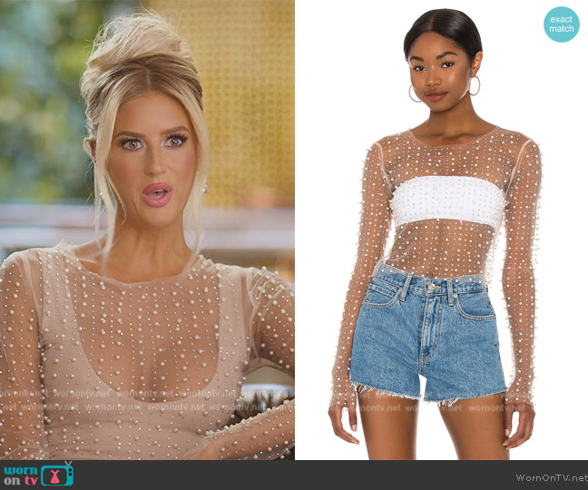 Beach Bunny Look and Glisten Pearl Mesh Top worn by Emma Hernan on Selling Sunset