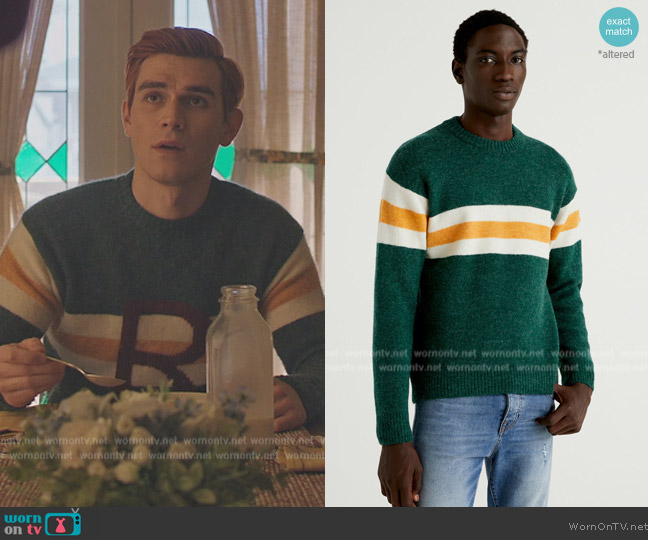 Benetton Sweater with Clashing Detail worn by Archie Andrews (K.J. Apa) on Riverdale