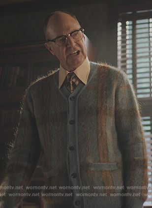 Dr Werthers’ blue plaid fuzzy cardigan on Riverdale