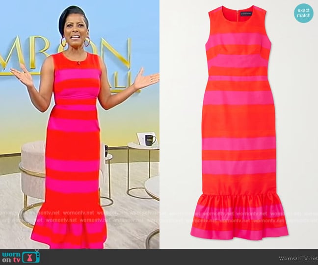 Brandon Maxwell Ruffled striped cotton and silk-blend faille midi dress worn by Tamron Hall on Tamron Hall Show