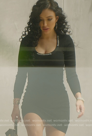 Bre’s black Alexander Wang logo mini dress on Selling Sunset