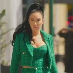 Bre’s green tweed jacket and mini skirt on Selling Sunset
