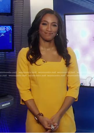 Brittany Bell’s yellow asymmetric neck dress on Good Morning America