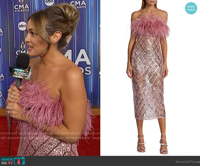 Bronx and Banco Coco x Afiya Feathered Sequin Midi-Dress worn by Emily Orozco on Access Hollywood
