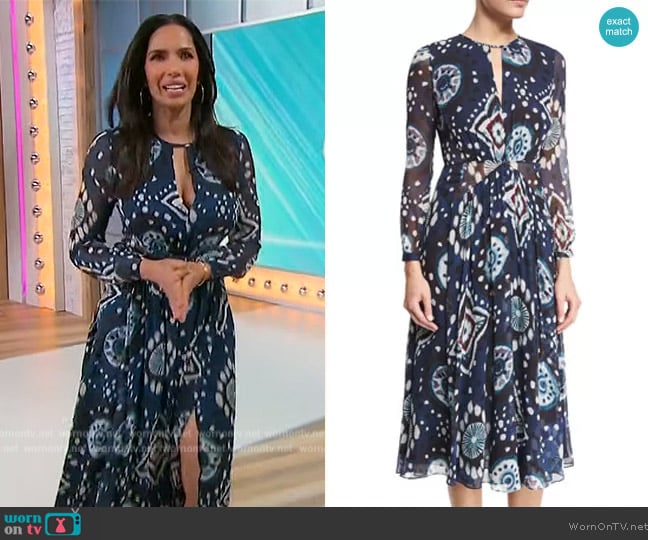 Burberry Long-Sleeve Floral Tie-Dye Midi Dress in Crepon Ink worn by Padma Lakshmi on Sherri
