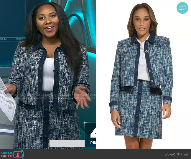 Calvin Klein Denim Trim Cropped Tweed Jacket worn by Kay Angrum on NBC News Daily
