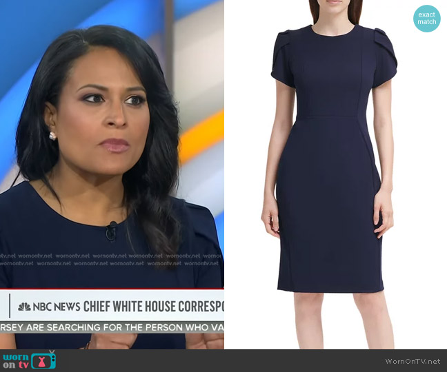 Calvin Klein Puff Sleeve Scuba Shift Dress in indigo worn by Kristen Welker on Today
