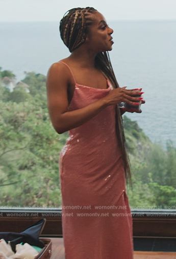 Candiace’s pink sequin dress on The Real Housewives Ultimate Girls Trip