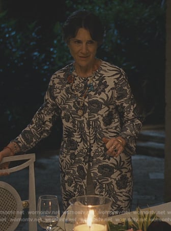Caroline’s blue floral print dress on Succession