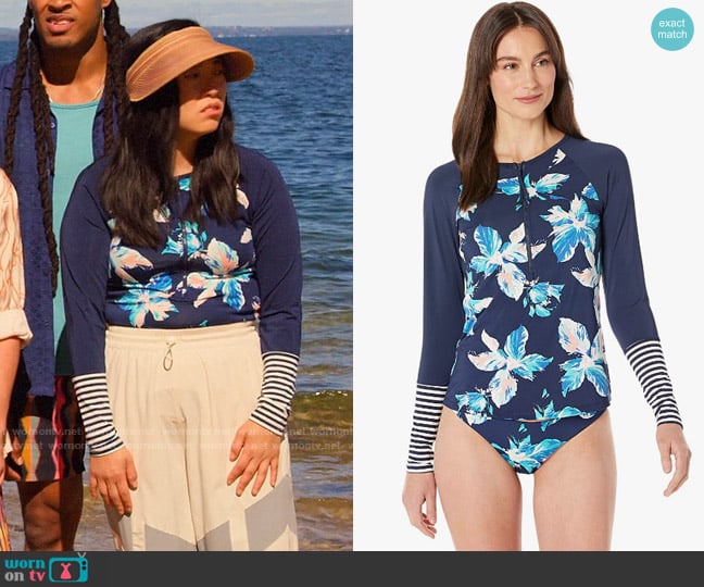 Carve Designs Kona Rashguard in Stargazer Navy Stripe worn by Nora Lum (Awkwafina) on Awkwafina is Nora From Queens