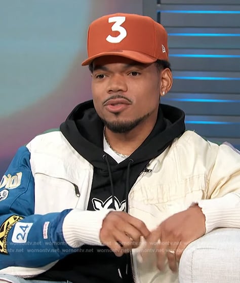 Chance the Rapper’s patchwork utility jacket on Access Hollywood