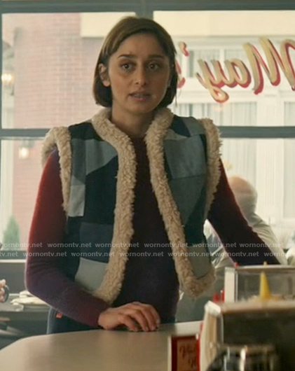 Chrissy’s patchwork shearling trim vest on Superman and Lois