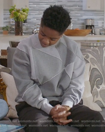 Coop’s gray colorblock patch sweatshirt on All American