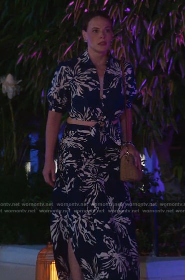 Courtney’s navy floral cropped shirt and skirt set on Fantasy Island