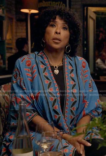 Cricket’s blue embroidered kimono on Not Dead Yet