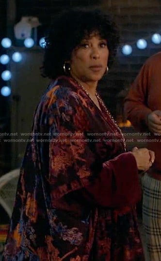 Cricket’s velvet floral kimono jacket on Not Dead Yet