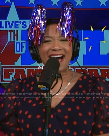 Deja Vu’s navy polka dot print wrap dress on Live with Kelly and Mark