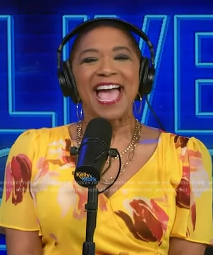 Deja Vu’s yellow floral wrap dress on Live with Kelly and Mark