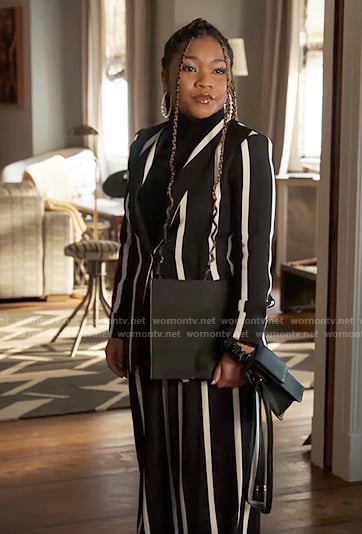 Delilah’s black and white striped suit on The Equalizer