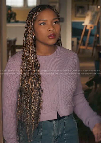 Delilah’s purple cable knit sweater on The Equalizer