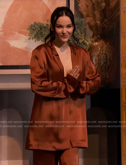 Dove Cameron’s brown satin blazer and pants on The Drew Barrymore Show
