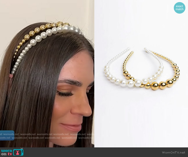 Duplantis Pearl and Gold Beaded Headband Set worn by Erica Wark on Access Hollywood