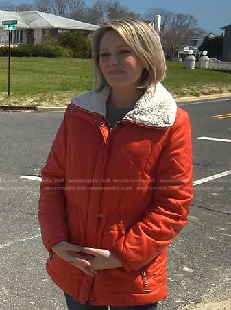 Dylan’s red shearling collar jacket on Today