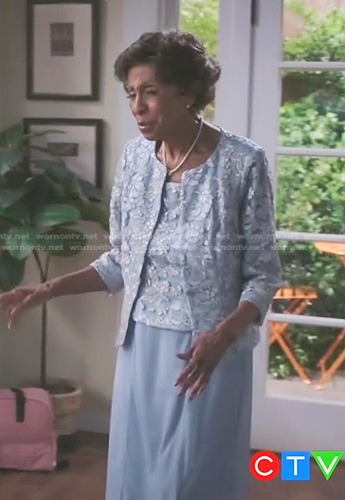 Edith’s blue floral embroidered jacket and skirt on Greys Anatomy