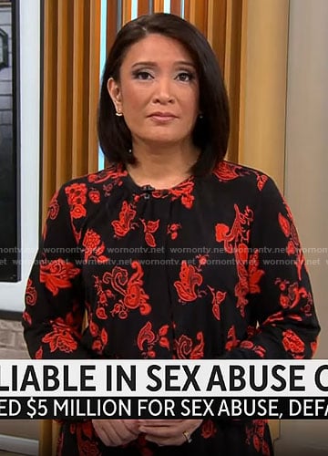 Elaine Quijano’s black and red paisley dress on CBS Mornings
