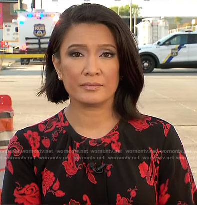Elaine Quijano’s black and red paisley dress on CBS Mornings