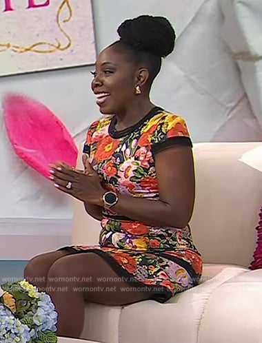 Elaine Swann’s floral print lace trim mini dress on Today
