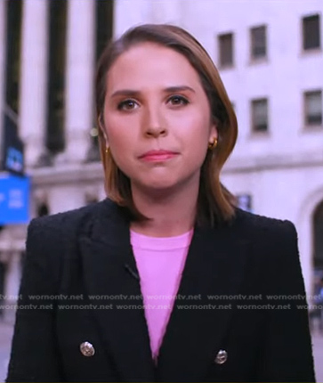 Elizabeth Schulze’s black double breasted tweed blazer on Good Morning America