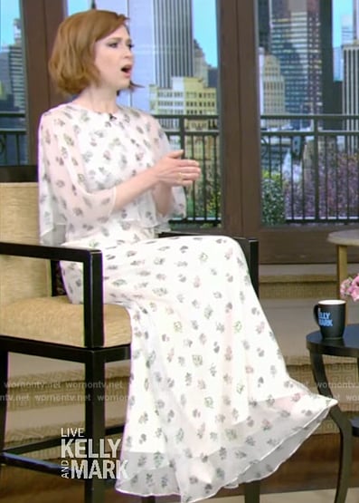 Ellie Kemper’s white floral print dress on Live with Kelly and Mark