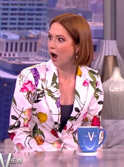 Ellie Kemper’s white floral print blazer and pants on The View