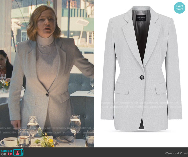 Emporio Armani Lapel blazer with chevron micro pattern worn by Shiv Roy (Sarah Snook) on Succession
