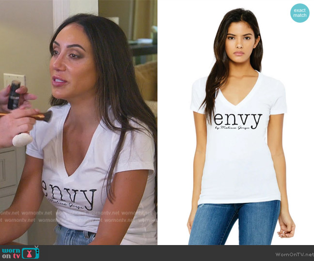 Envy by Melissa Gorga White Envy Tee worn by Melissa Gorga on The Real Housewives of New Jersey